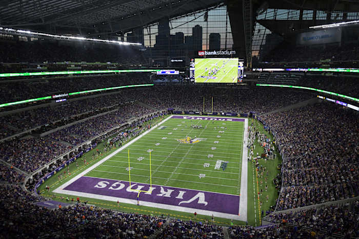 Sep 1, 2016; Minneapolis, MN, USA; General view of U.S. Bank Stadium with Minneapolis downtown skyline as backdrop during a NFL game between the Los Angeles Rams and the Minnesota Vikings.